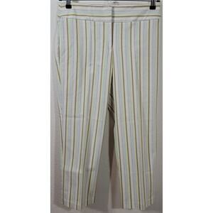 I.E. Tan Lime Green Striped Flat Front Cropped Pants 10 Lightweight Stretch Soft